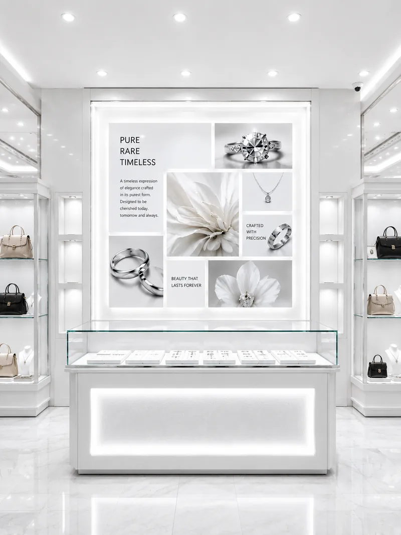 Brand identity applied across luxury retail displays and packaging